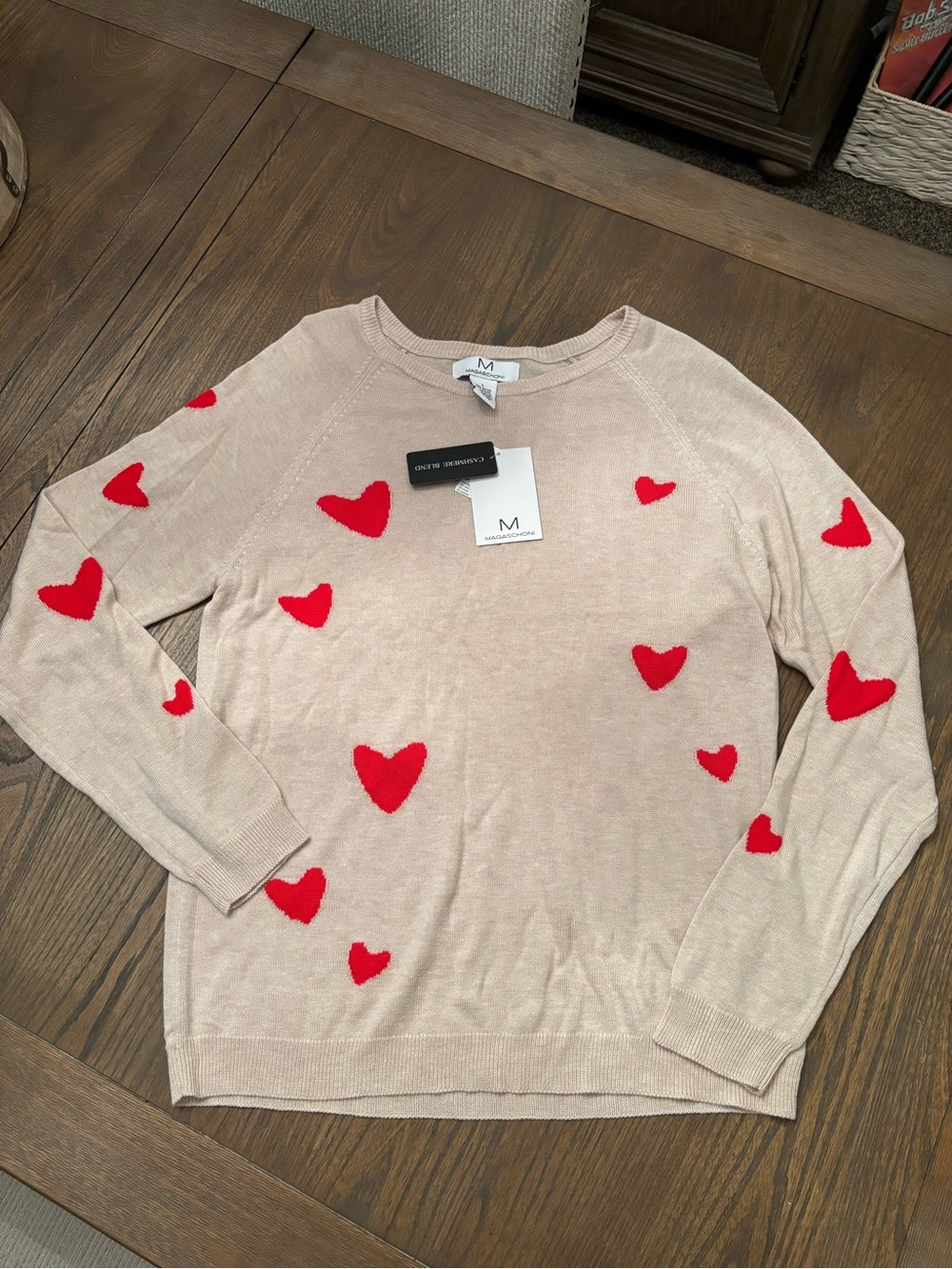 Magaschoni Beige Knit Cashmere Blend Sweater with Red Accent